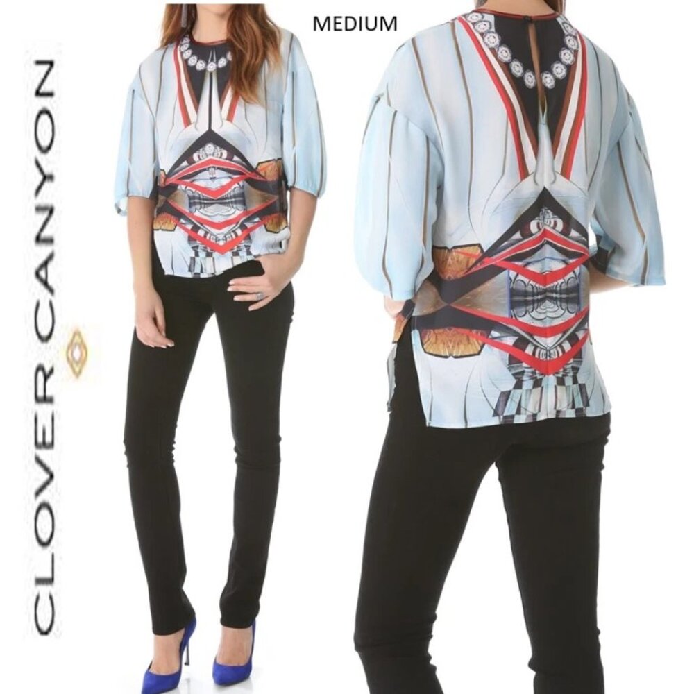 Clover Canyon Blue Multicolor Metro Station Scoop Neck Top Blouse